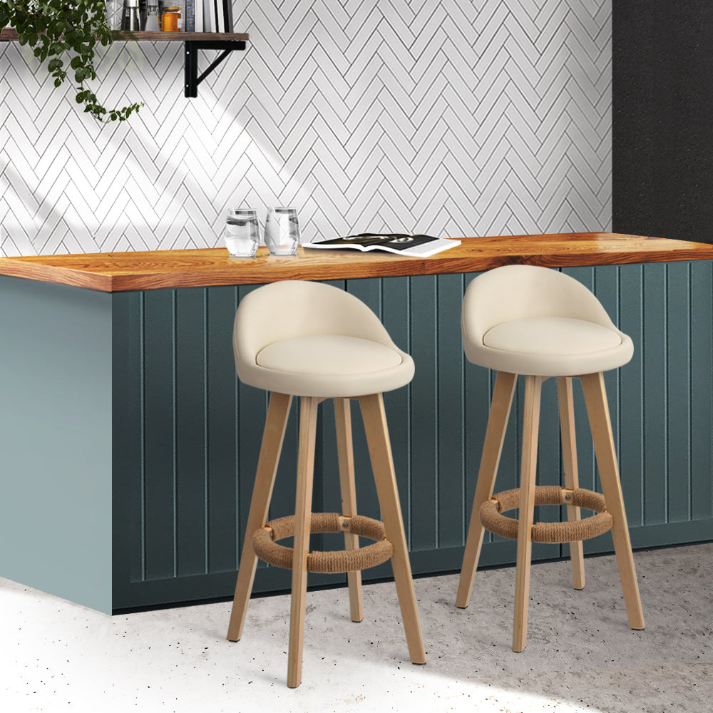 Artiss Set of 2 PU Leather Backrest Bar Stools in Beige with wooden frame and low backrest, showcasing comfort and style.